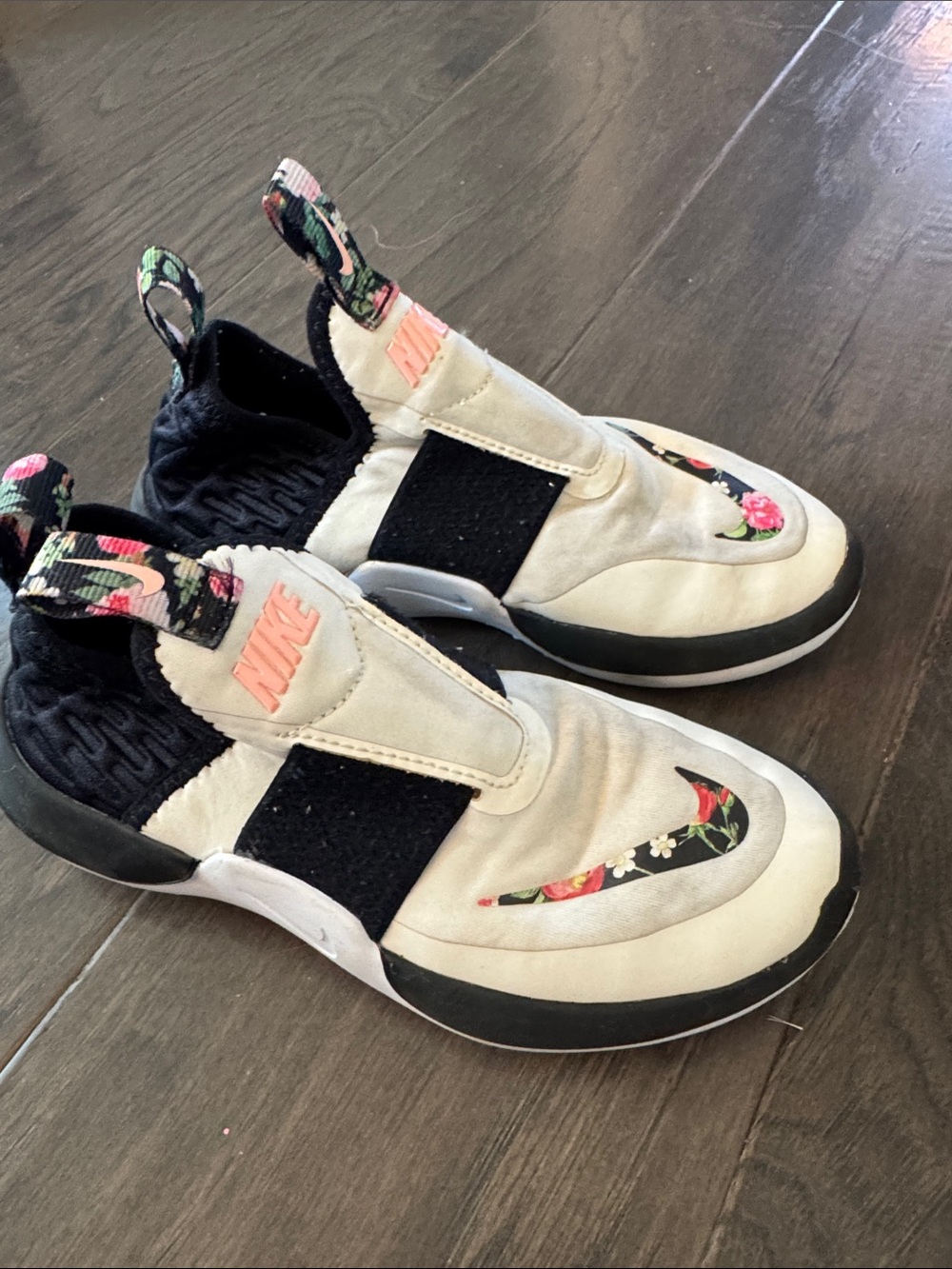 Nike Kids Slip-On Sneakers with Floral Swoosh - White, Black & Pink